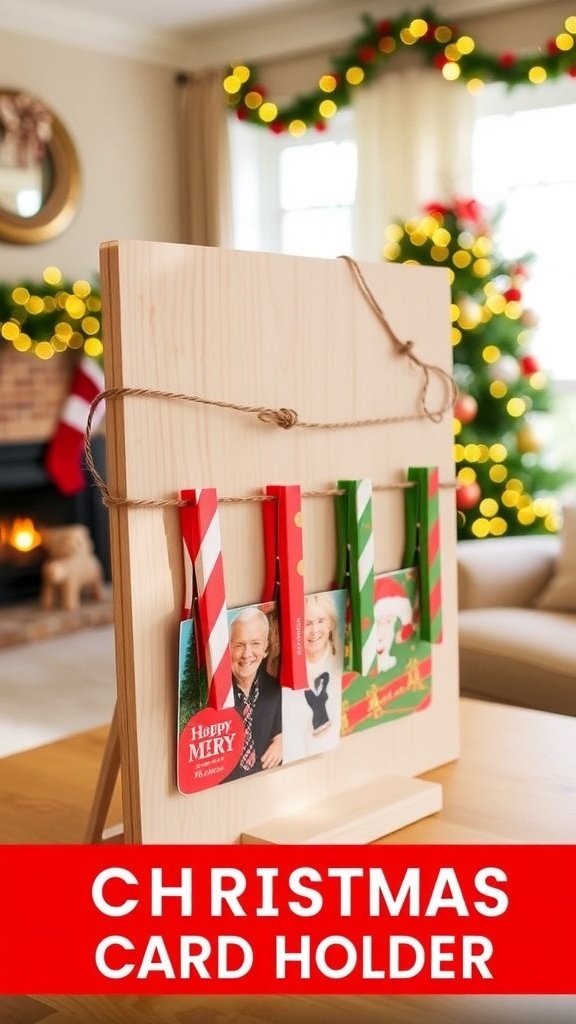 DIY Christmas card holder with twine and clothespins displaying holiday cards in a festive living room.